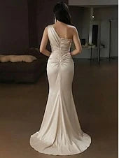 Elegant One-Shoulder Sleeveless Ruched Mermaid Champagne Floor-Length Prom Gown