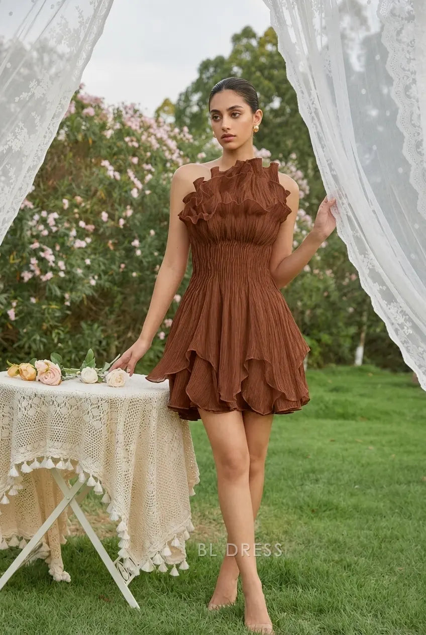 Elegant One-Shoulder Sleeveless Ruffled Tiered Brown Short Homecoming Dress for Women