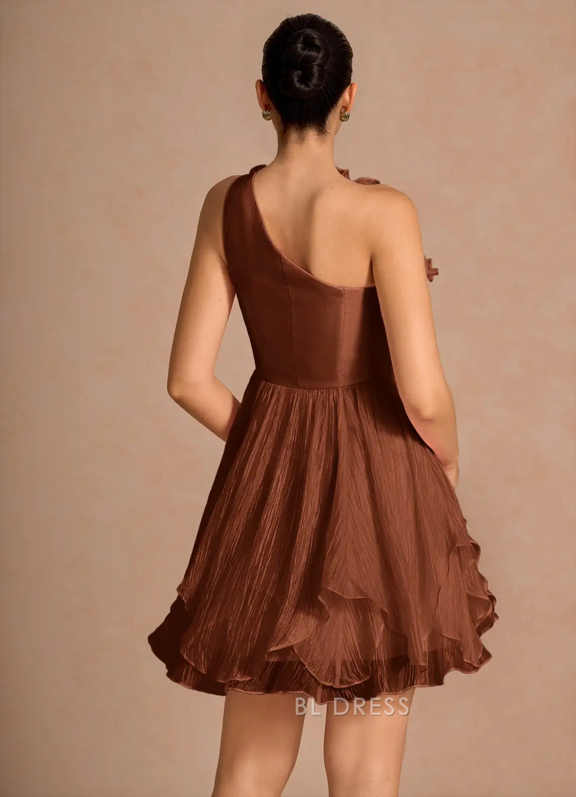 Elegant One-Shoulder Sleeveless Ruffled Tiered Brown Short Homecoming Dress for Women