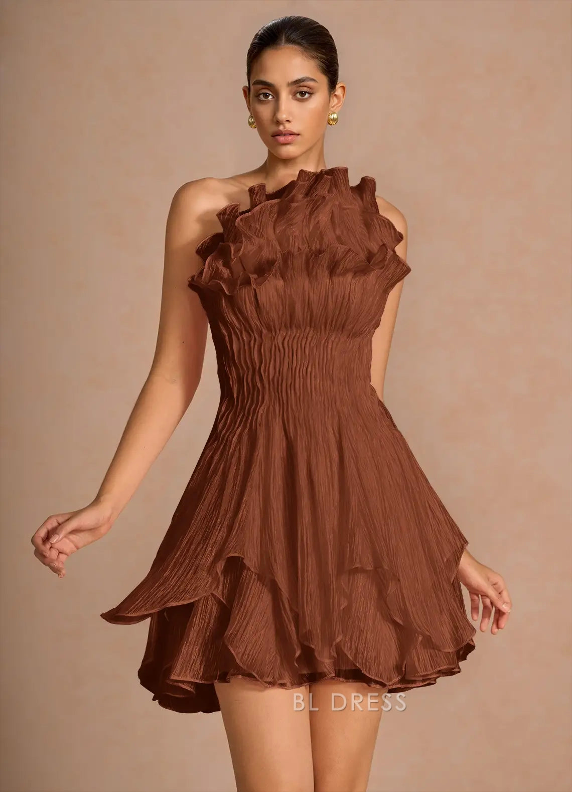 Elegant One-Shoulder Sleeveless Ruffled Tiered Brown Short Homecoming Dress for Women