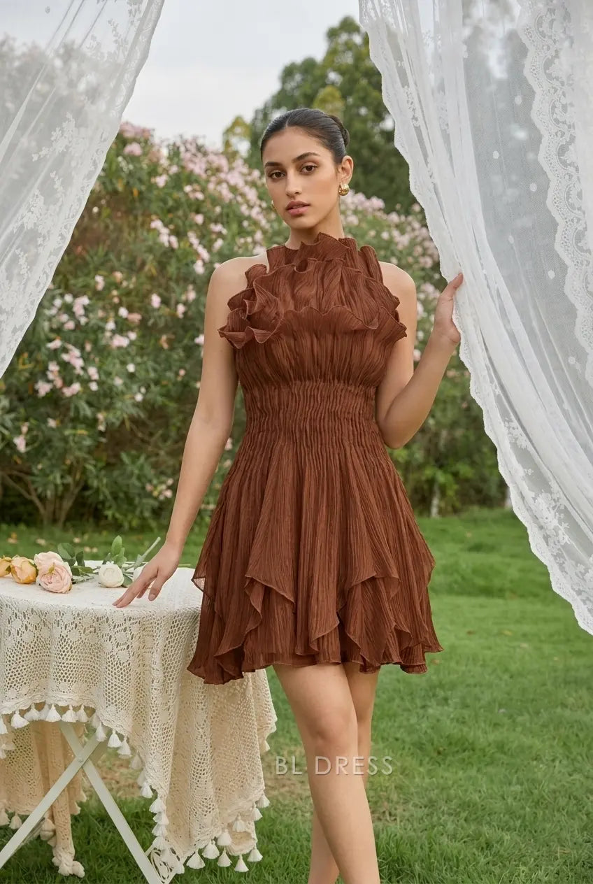 Elegant One-Shoulder Sleeveless Ruffled Tiered Brown Short Homecoming Dress for Women