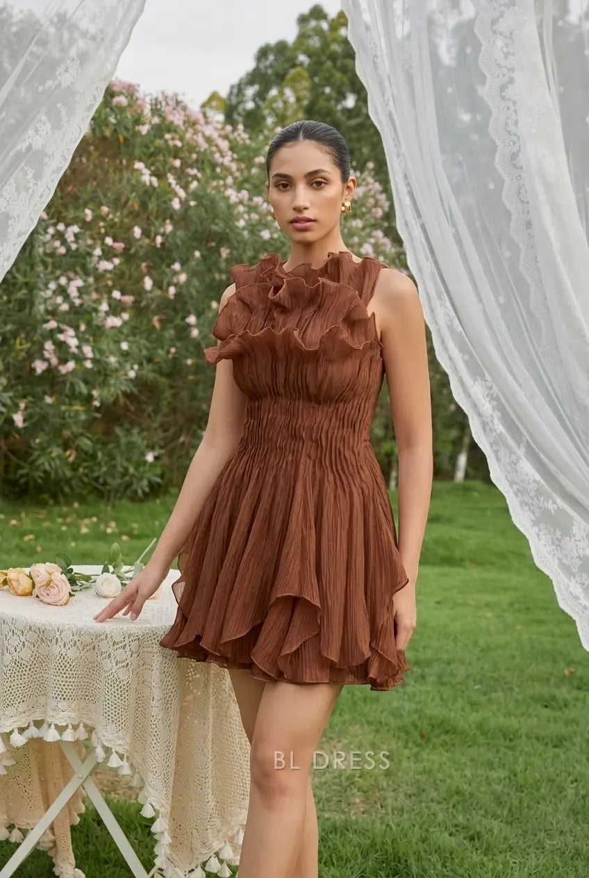 Elegant One-Shoulder Sleeveless Ruffled Tiered Brown Short Homecoming Dress for Women