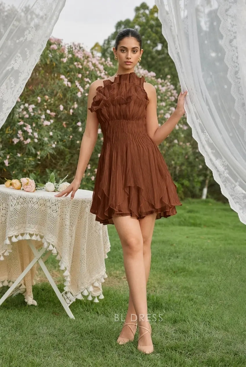 Elegant One-Shoulder Sleeveless Ruffled Tiered Brown Short Homecoming Dress for Women