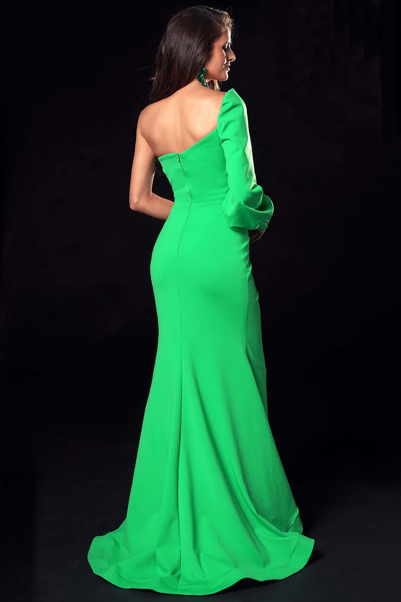 Elegant One Shoulder Long Sleeve Mermaid Ruched Slit Green Floor-Length Prom Gown