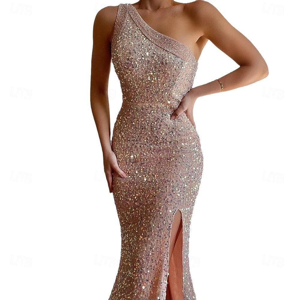Elegant One Shoulder Sequin Slit Rose Gold Floor-Length Prom Dress Gown