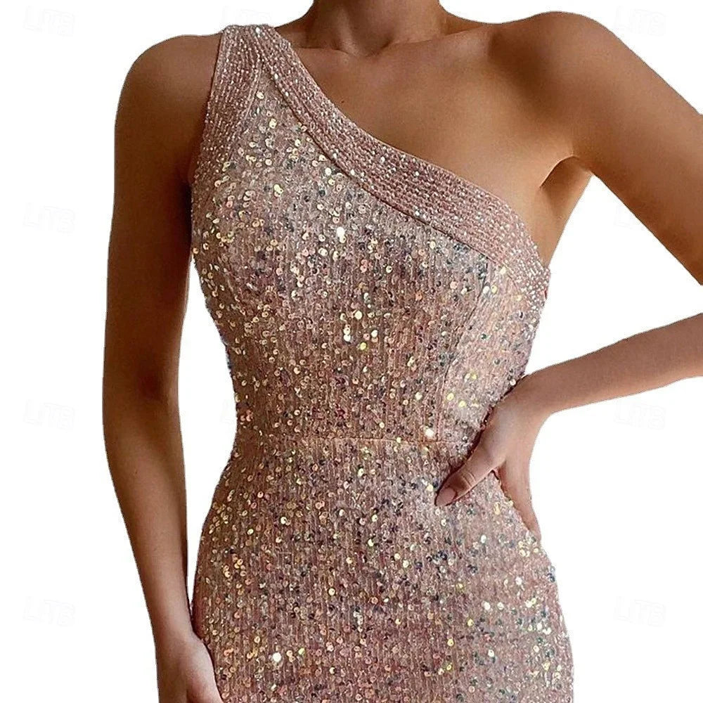 Elegant One Shoulder Sequin Slit Rose Gold Floor-Length Prom Dress Gown