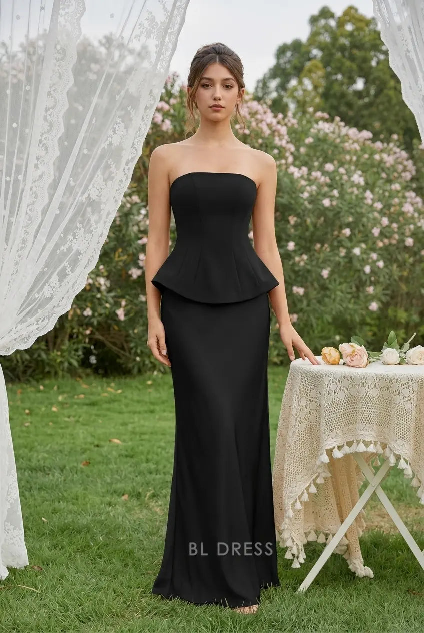 Elegant Peplum Mermaid Strapless Sleeveless Classic Black Floor-Length Prom Dress Women's