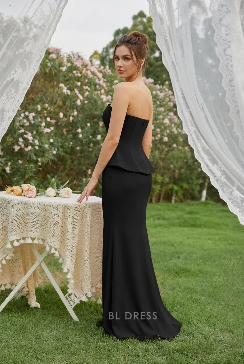Elegant Peplum Mermaid Strapless Sleeveless Classic Black Floor-Length Prom Dress Women's