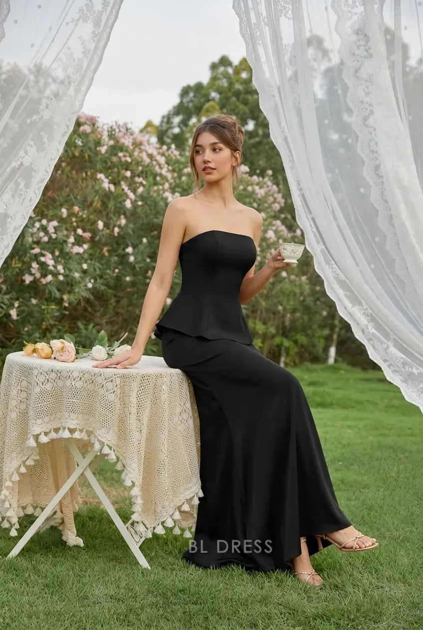Elegant Peplum Mermaid Strapless Sleeveless Classic Black Floor-Length Prom Dress Women's