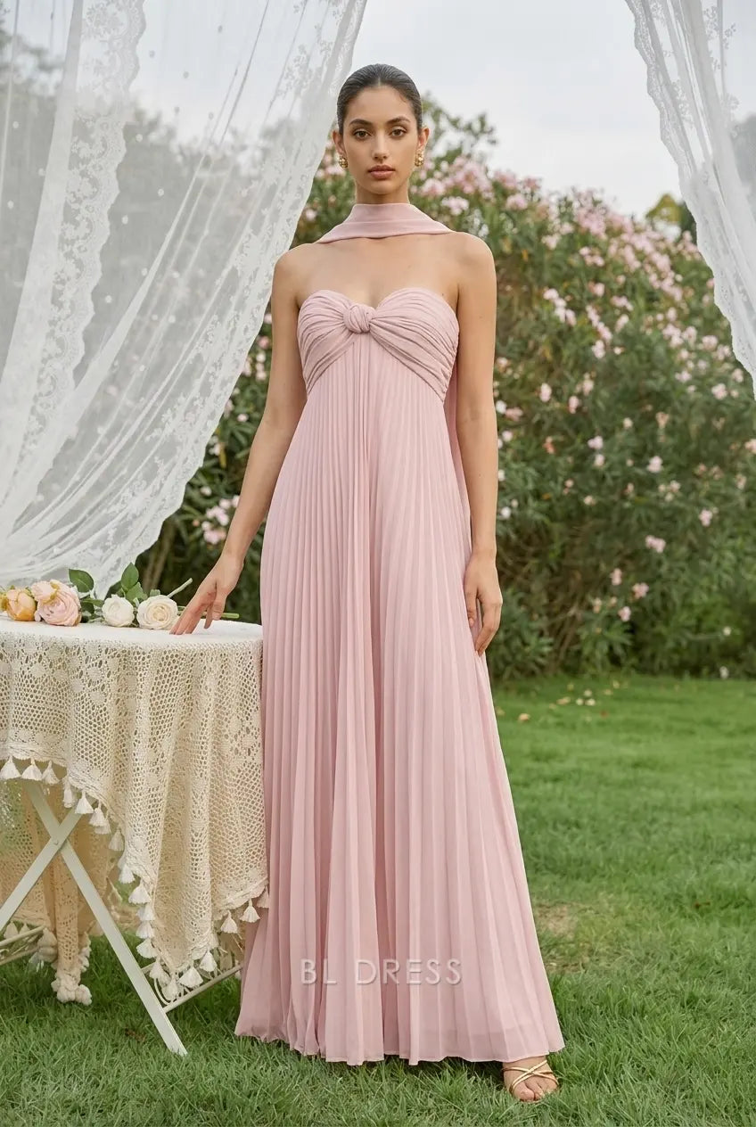 Elegant Pleated A-Line Strapless Knot-Front Blush Pink Floor-Length Prom Dress Women's Gown