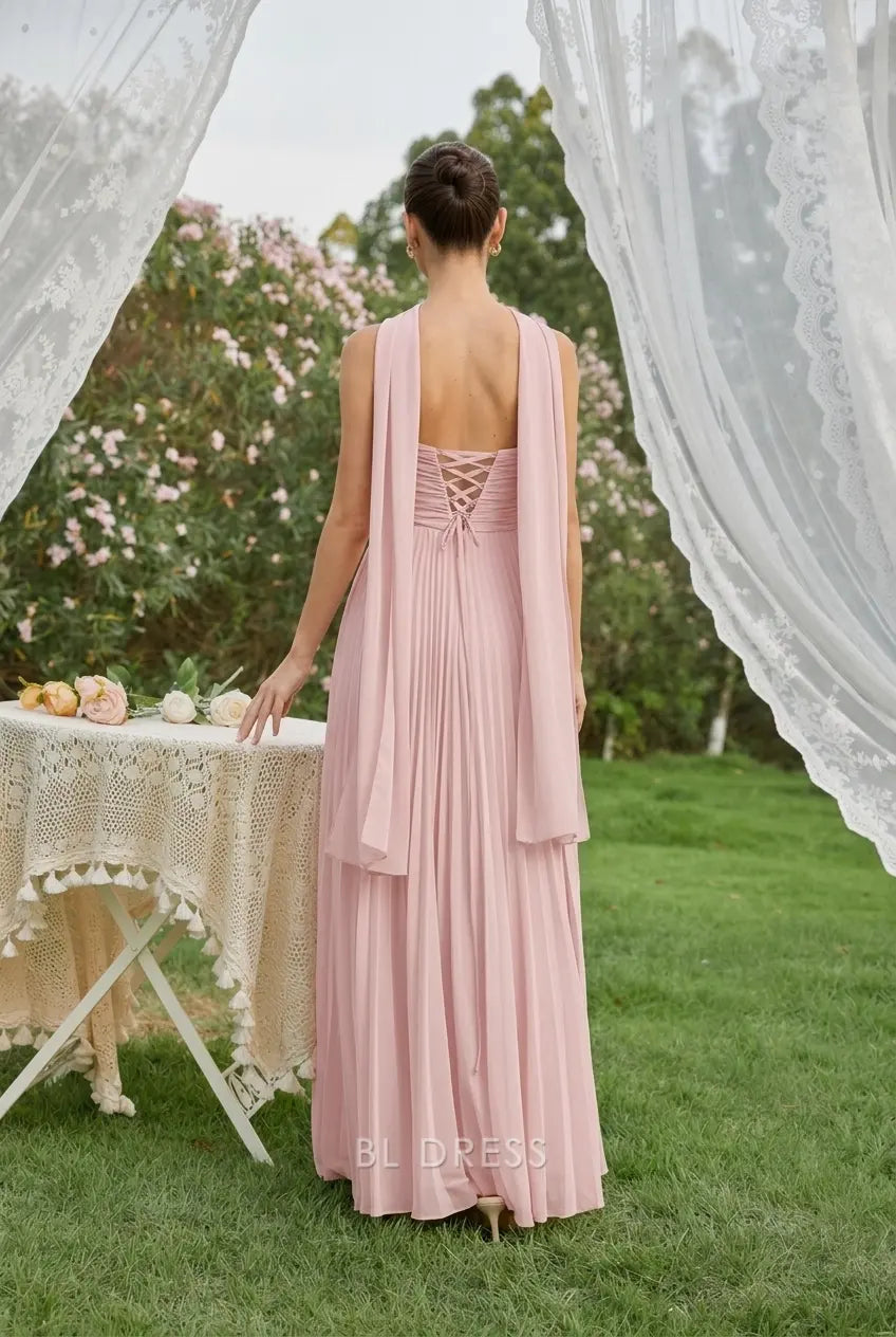 Elegant Pleated A-Line Strapless Knot-Front Blush Pink Floor-Length Prom Dress Women's Gown