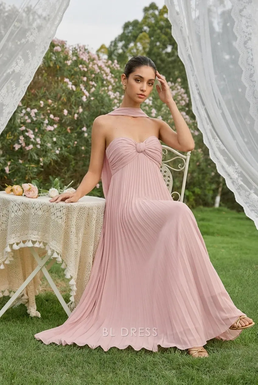 Elegant Pleated A-Line Strapless Knot-Front Blush Pink Floor-Length Prom Dress Women's Gown