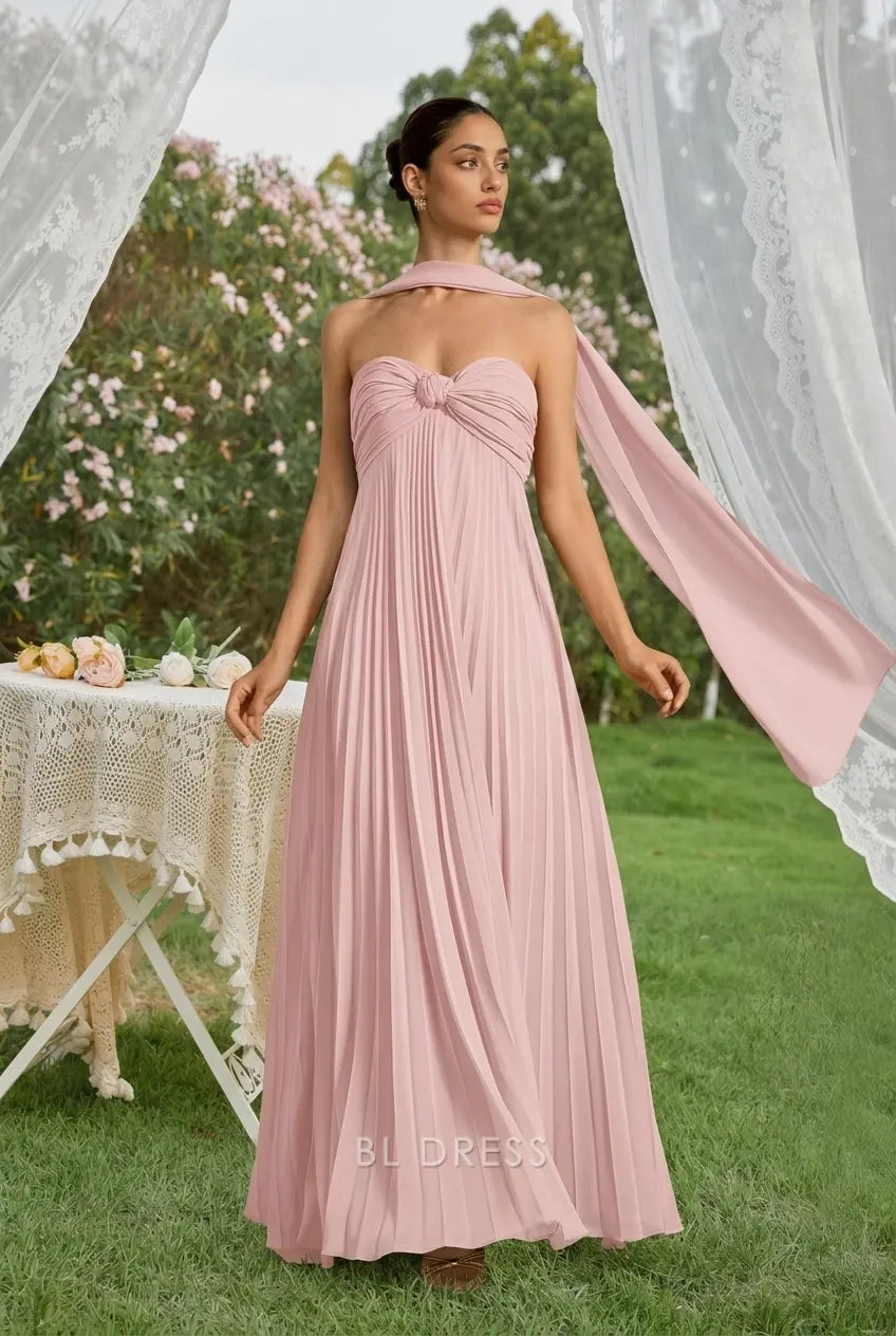 Elegant Pleated A-Line Strapless Knot-Front Blush Pink Floor-Length Prom Dress Women's Gown