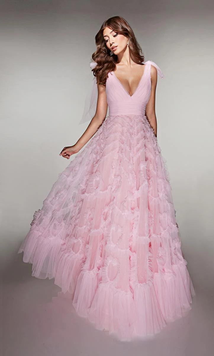 Elegant Ruffled A-Line V-Neck Pink Floor-Length Prom Dresses Gown