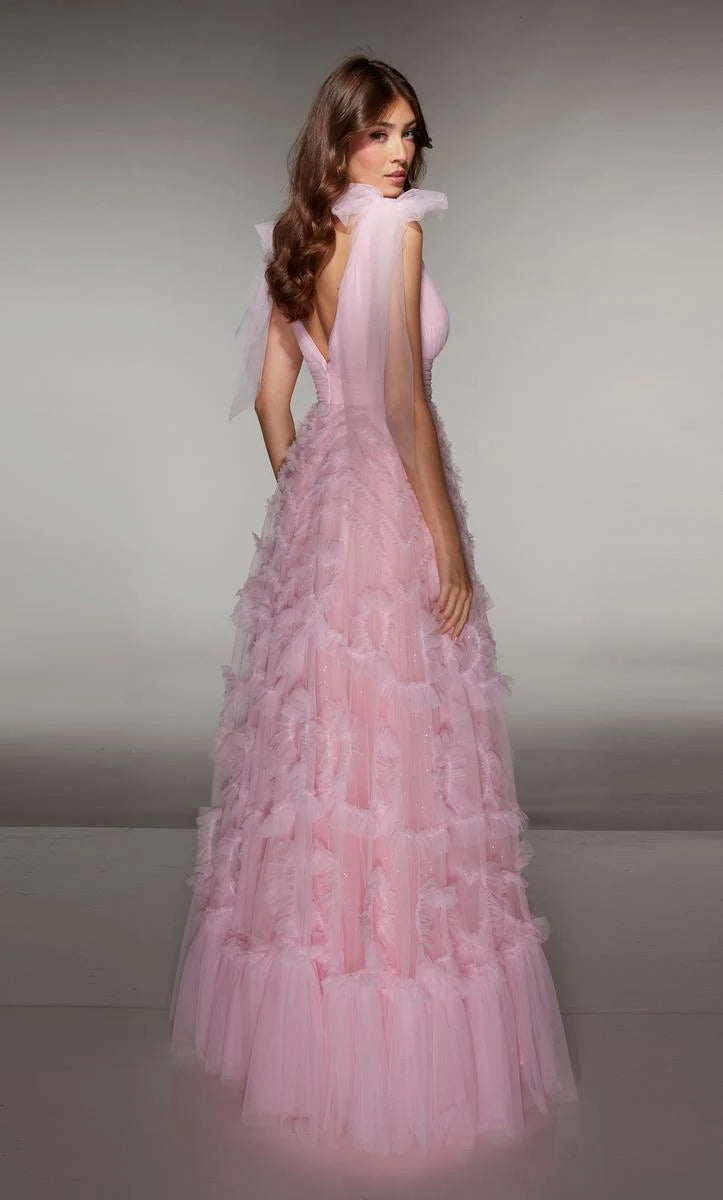 Elegant Ruffled A-Line V-Neck Pink Floor-Length Prom Dresses Gown