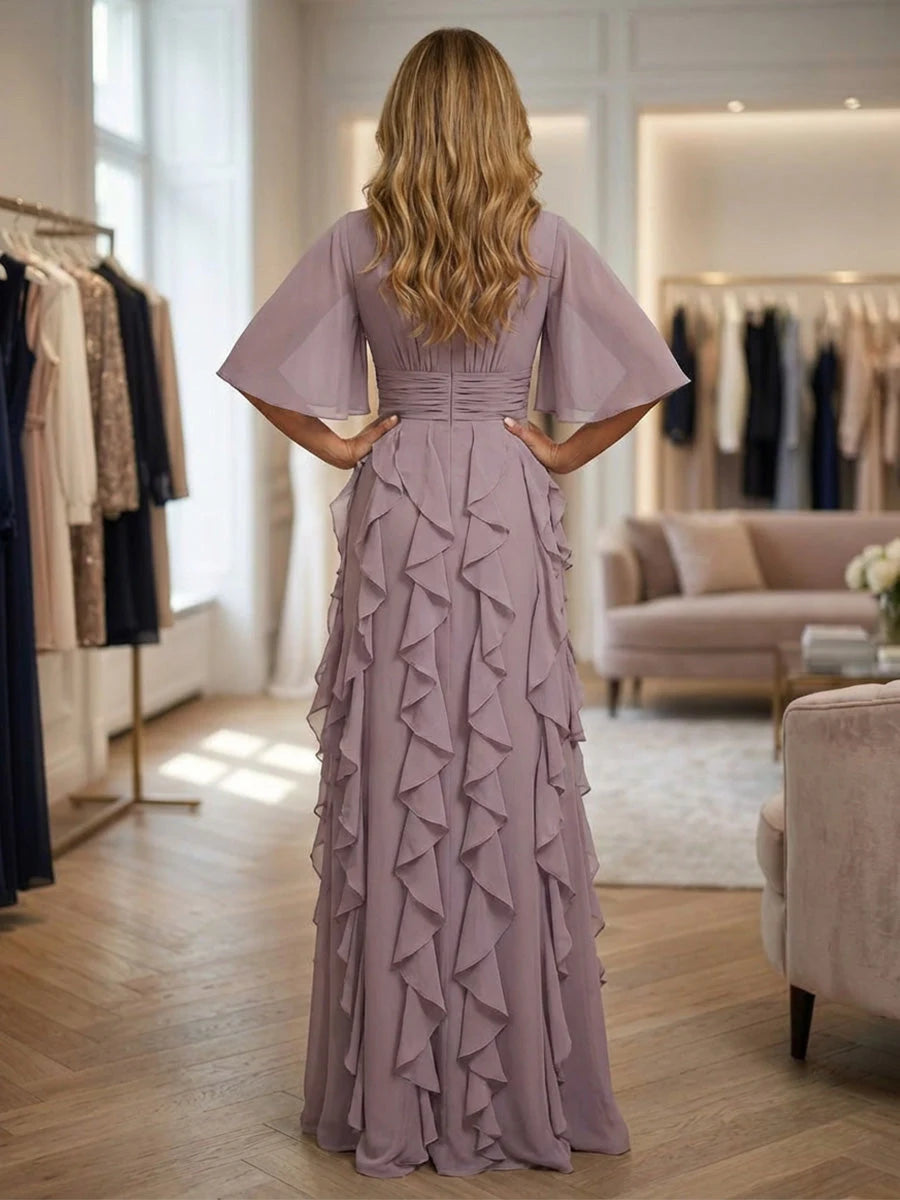 Elegant Scoop-Neck Flutter-Sleeve Tiered-Ruffle Mauve Long Mother Of The Bride Dress