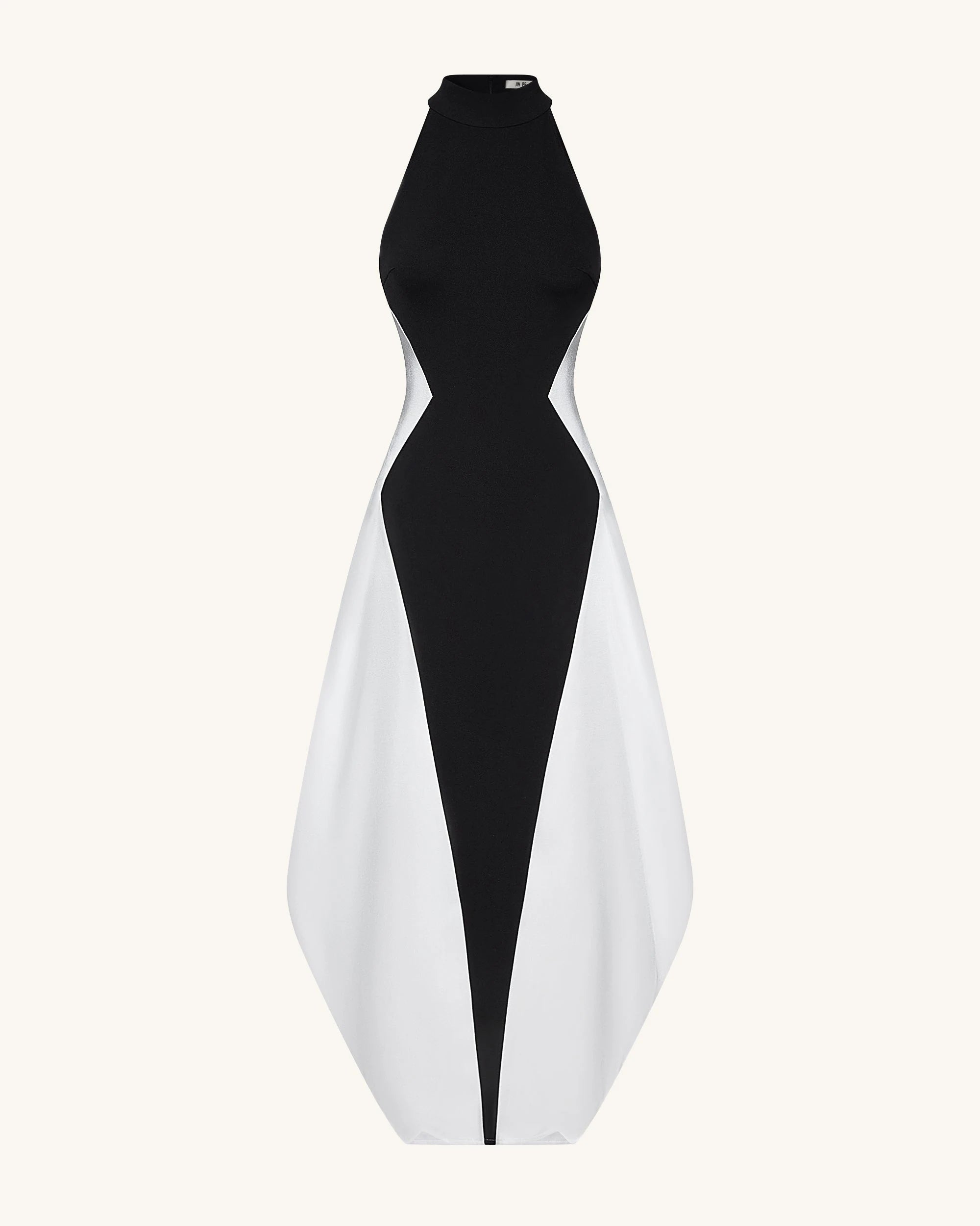Elegant Sculptural Halter Sleeveless Color-Block Black White Midi Prom Gown