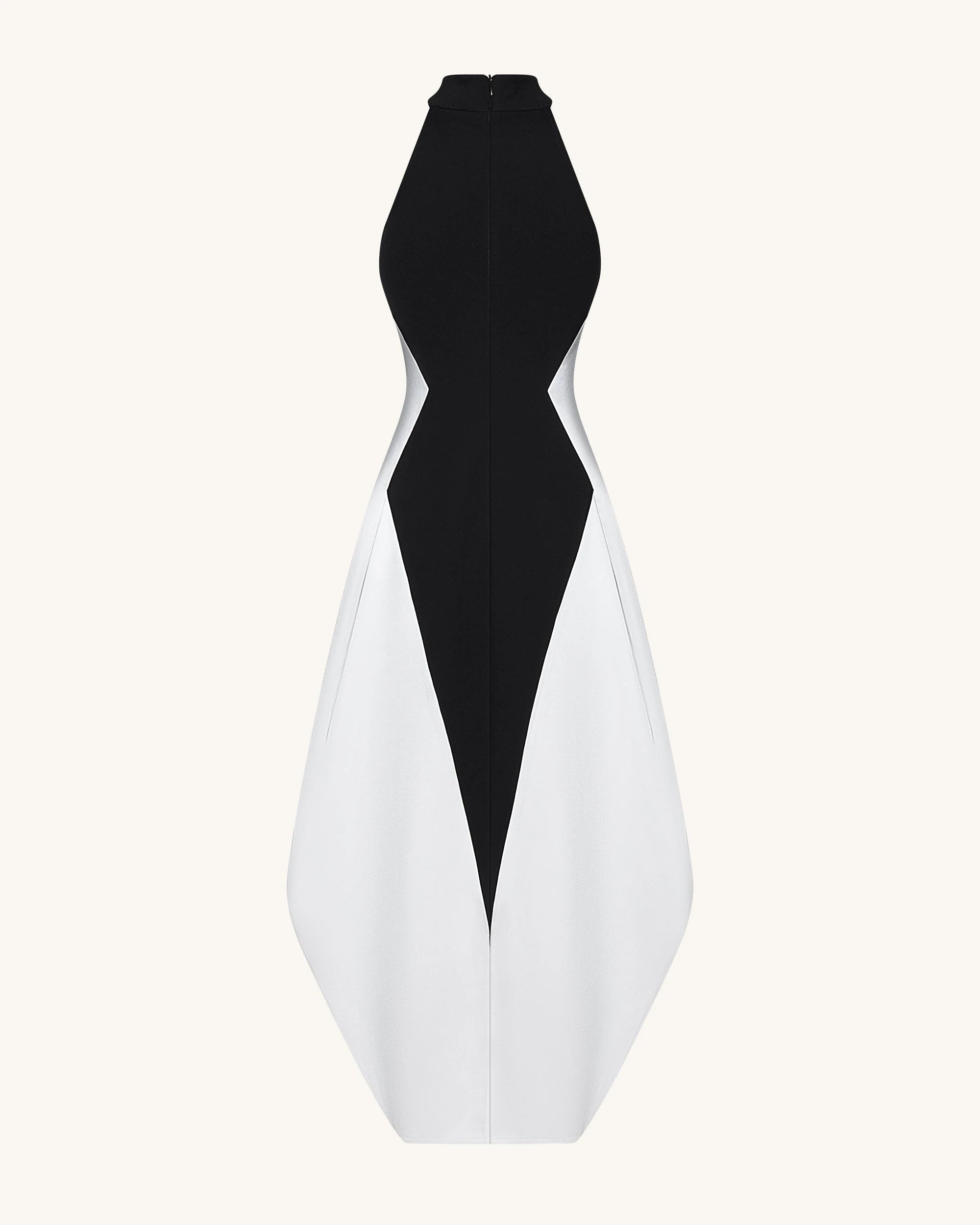 Elegant Sculptural Halter Sleeveless Color-Block Black White Midi Prom Gown
