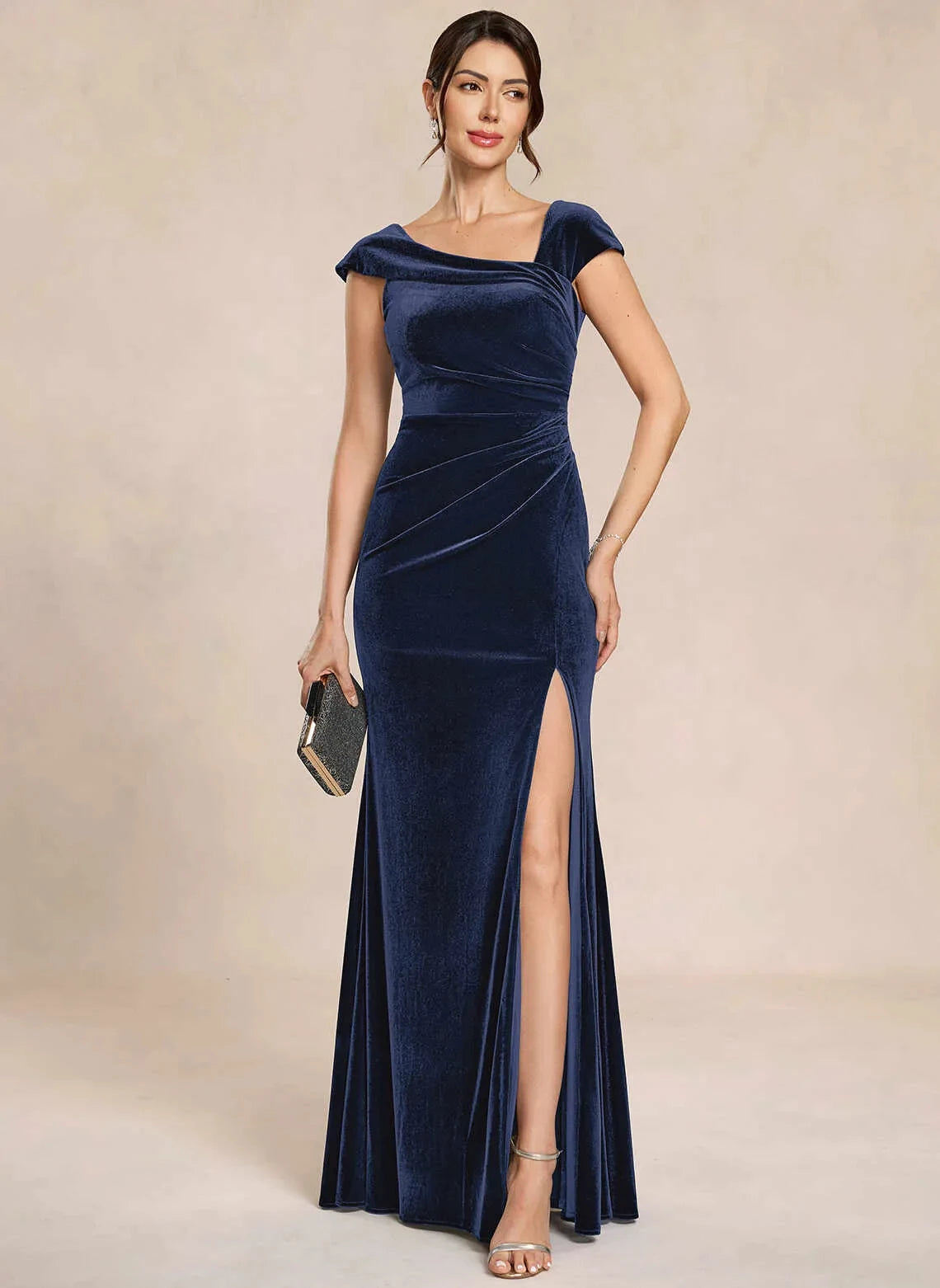 Elegant Sheath Asymmetric Cap-Sleeve Ruched Navy Mother Of The Bride Dress