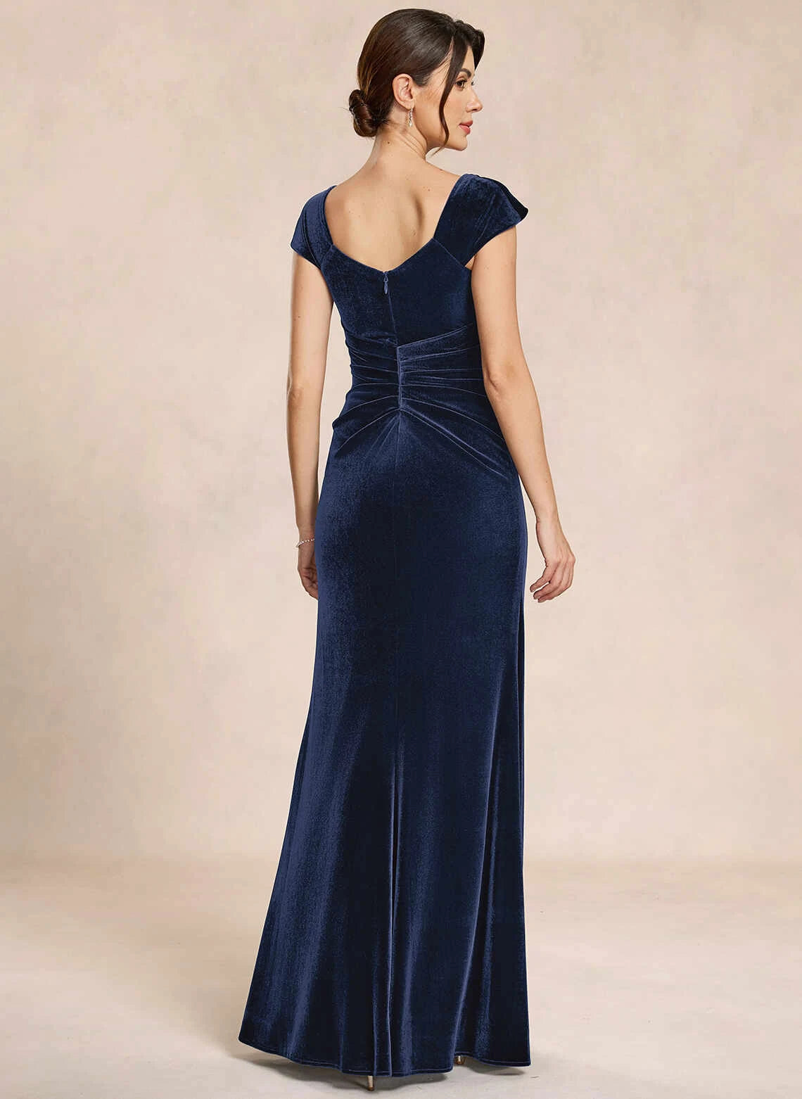 Elegant Sheath Asymmetric Cap-Sleeve Ruched Navy Mother Of The Bride Dress