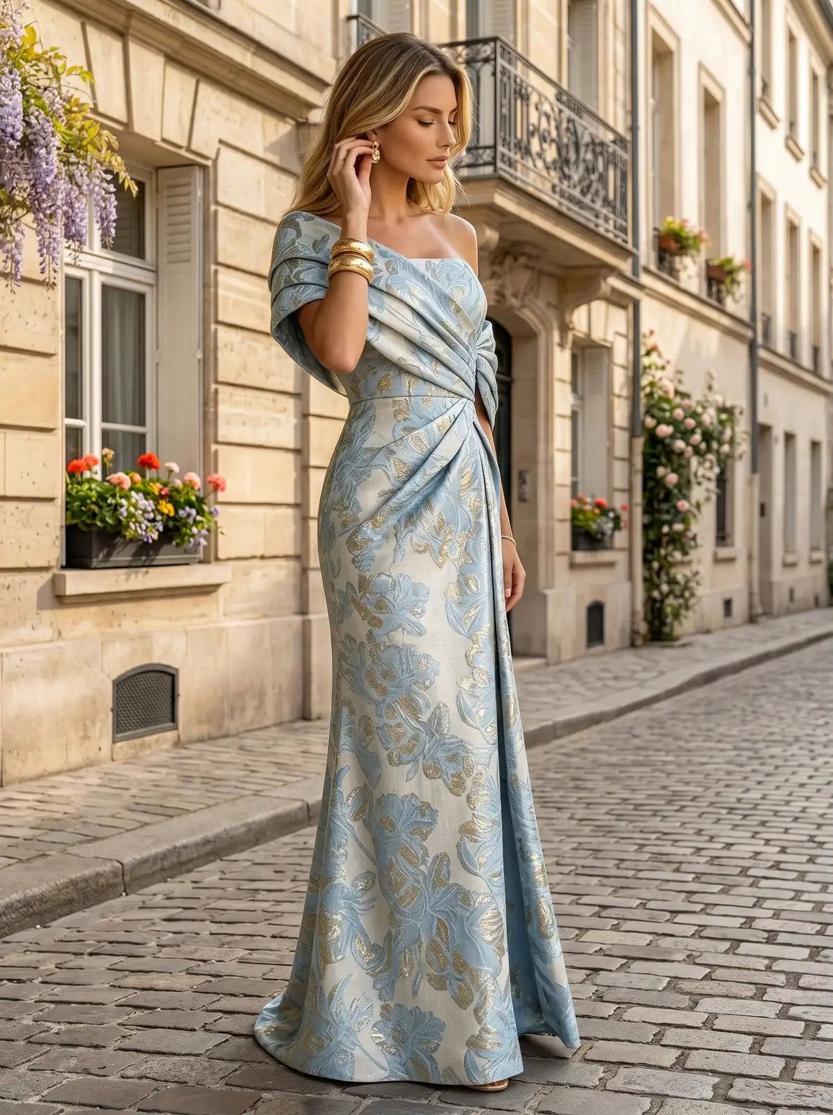 Elegant Sheath Asymmetric Draped Blue Maxi Mother Of The Bride Dress