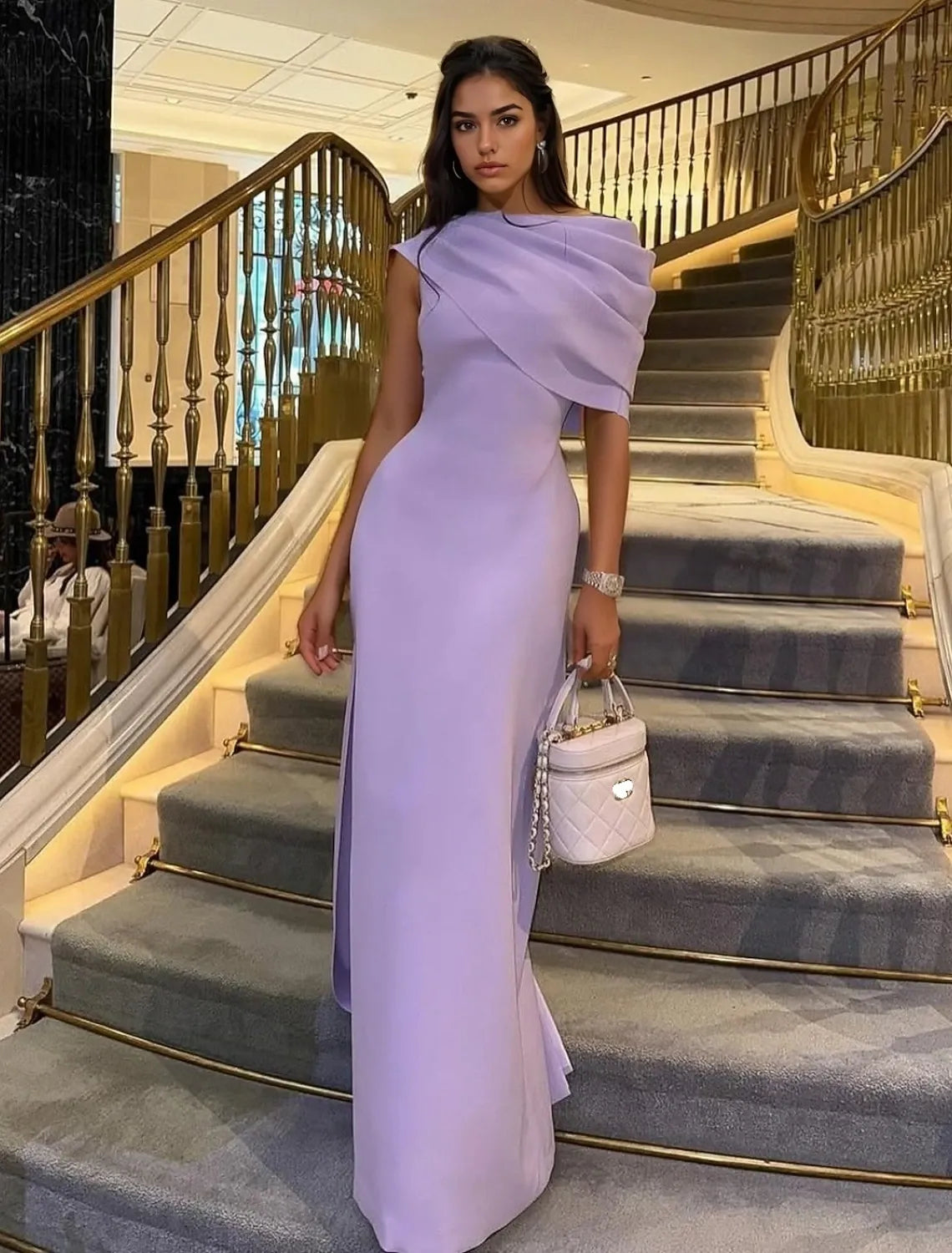 Elegant Sheath Asymmetrical Draped Sleeveless Chic Lavender Floor-Length Evening Gown for Women