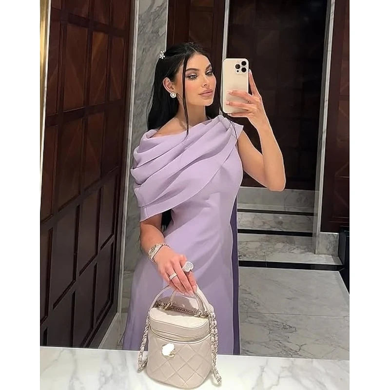 Elegant Sheath Asymmetrical Draped Sleeveless Chic Lavender Floor-Length Evening Gown for Women