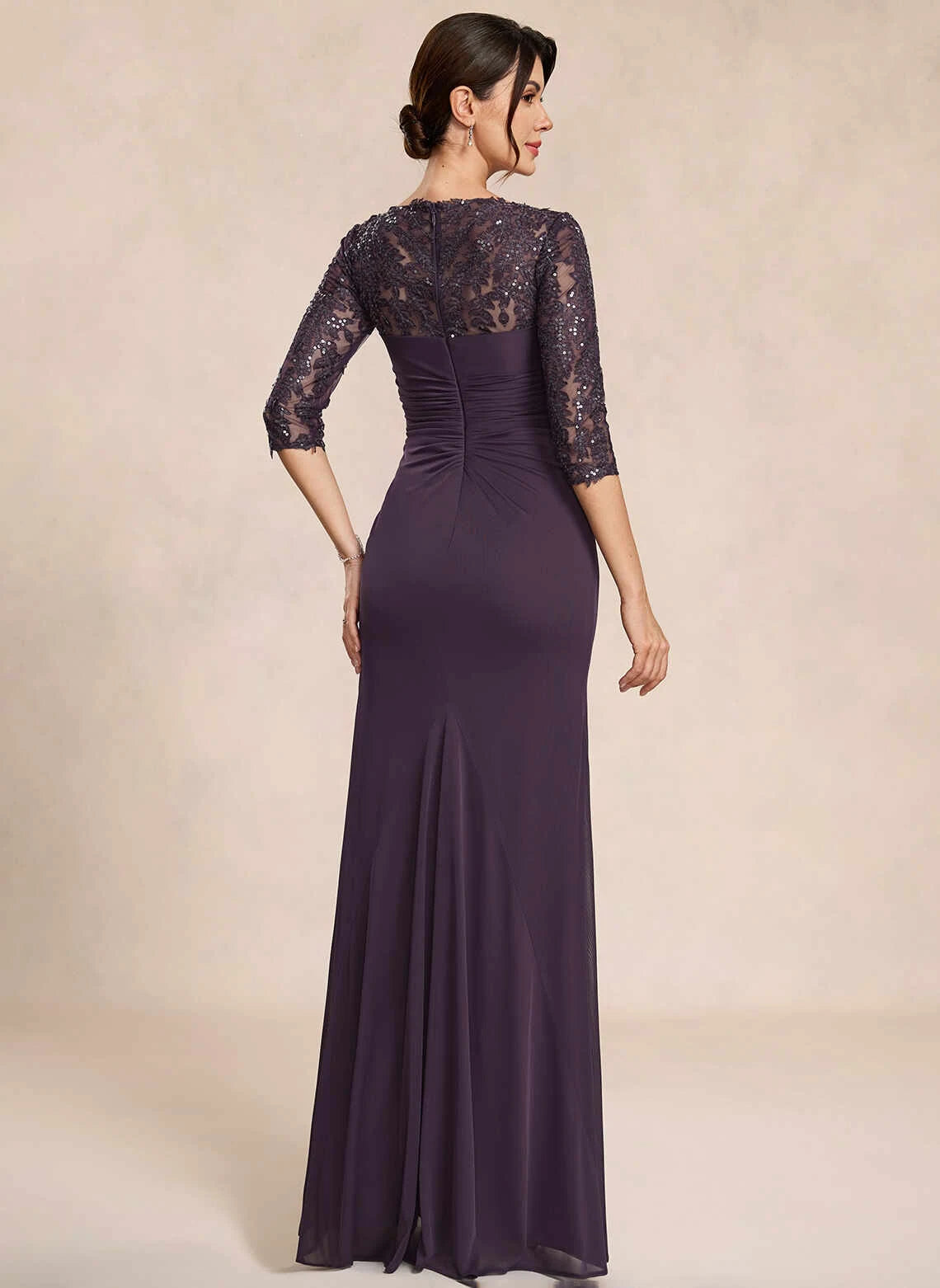 Elegant Sheath Bateau-Neck Half-Sleeve Ruched Slit Plum Maxi Mother-Of-The-Bride Women Dress