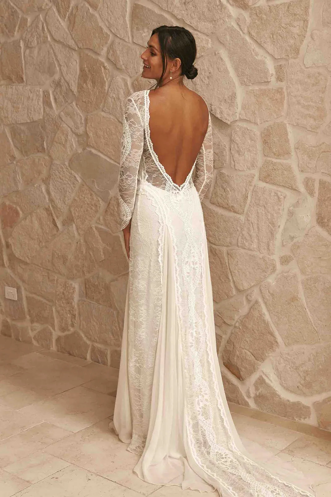 Elegant Sheath Bateau Long Sleeve Lace Open Back Ivory Floor-Length Wedding Gown