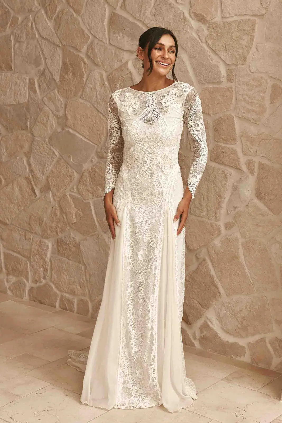 Elegant Sheath Bateau Long Sleeve Lace Open Back Ivory Floor-Length Wedding Gown