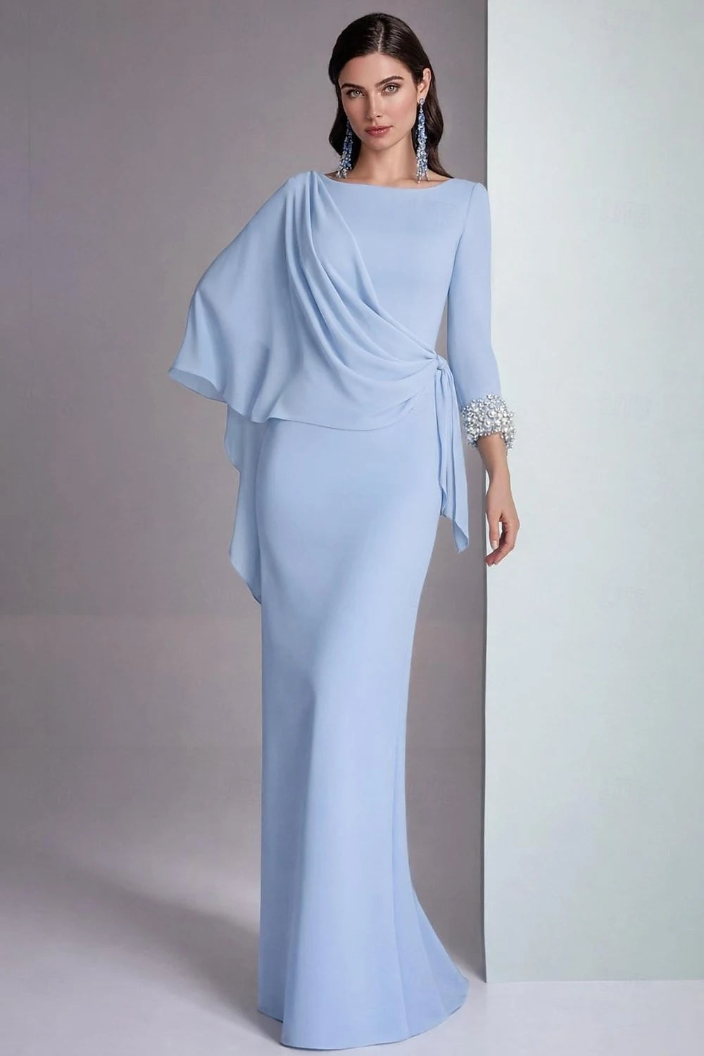 Elegant Sheath Boat Neck Long Sleeves Draped Beaded Light Blue Floor-Length Evening Dresses