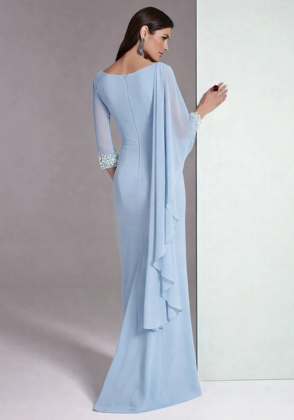 Elegant Sheath Boat Neck Long Sleeves Draped Beaded Light Blue Floor-Length Evening Dresses
