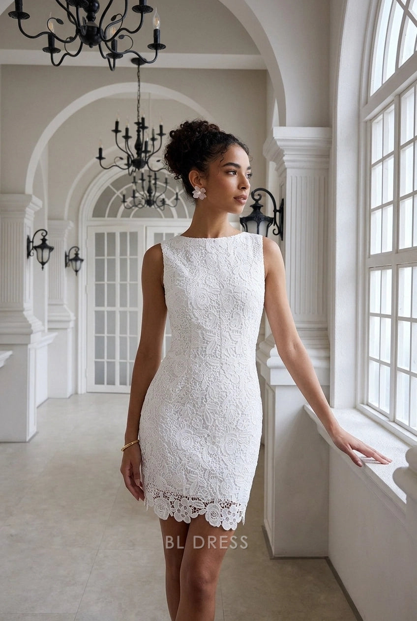 Elegant Sheath Boat Neck Sleeveless Sophisticated Charming White Short Homecoming Dress Women's