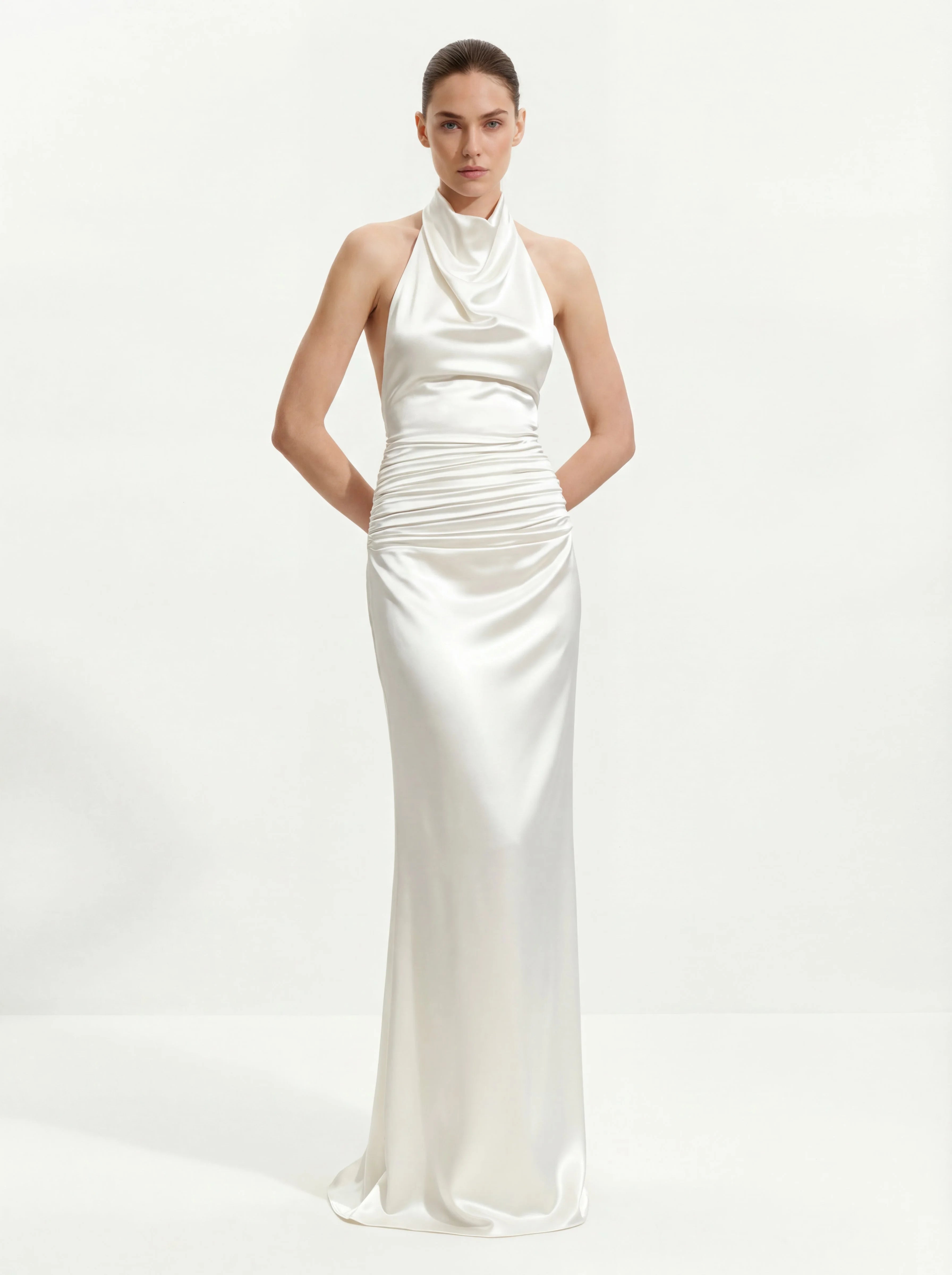 Elegant Sheath Cowl Neck Sleeveless Backless Ruched White Floor-Length Prom Dresses Women's Gown