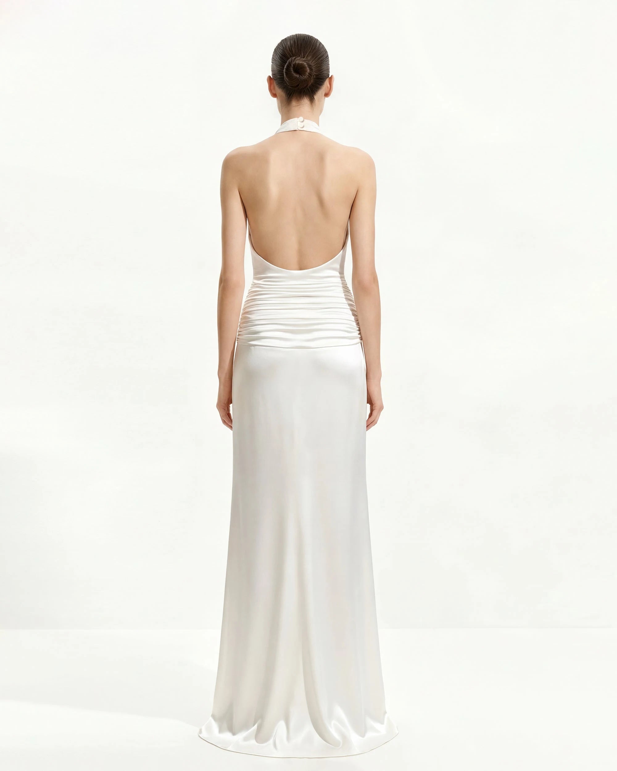 Elegant Sheath Cowl Neck Sleeveless Backless Ruched White Floor-Length Prom Dresses Women's Gown