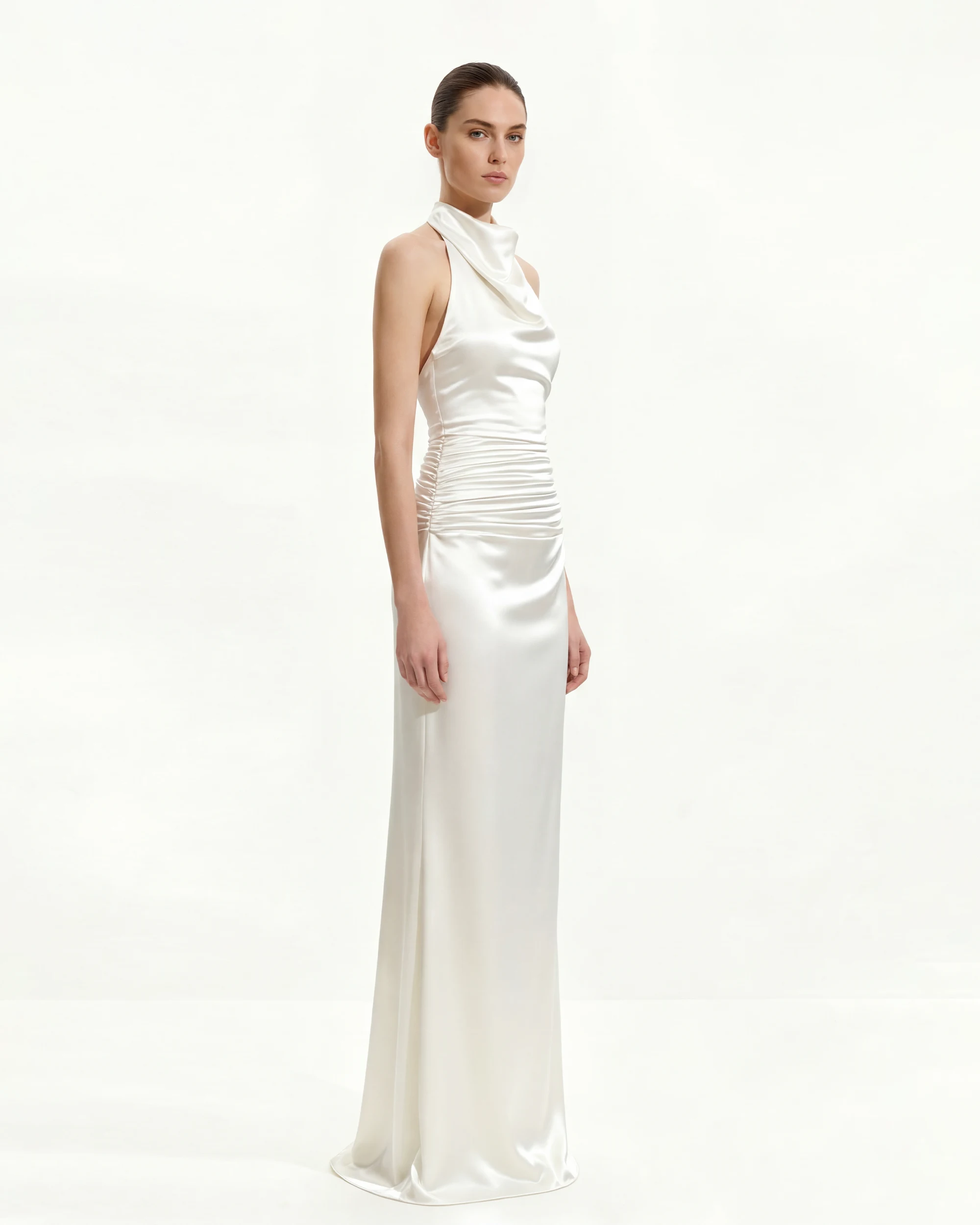 Elegant Sheath Cowl Neck Sleeveless Backless Ruched White Floor-Length Prom Dresses Women's Gown