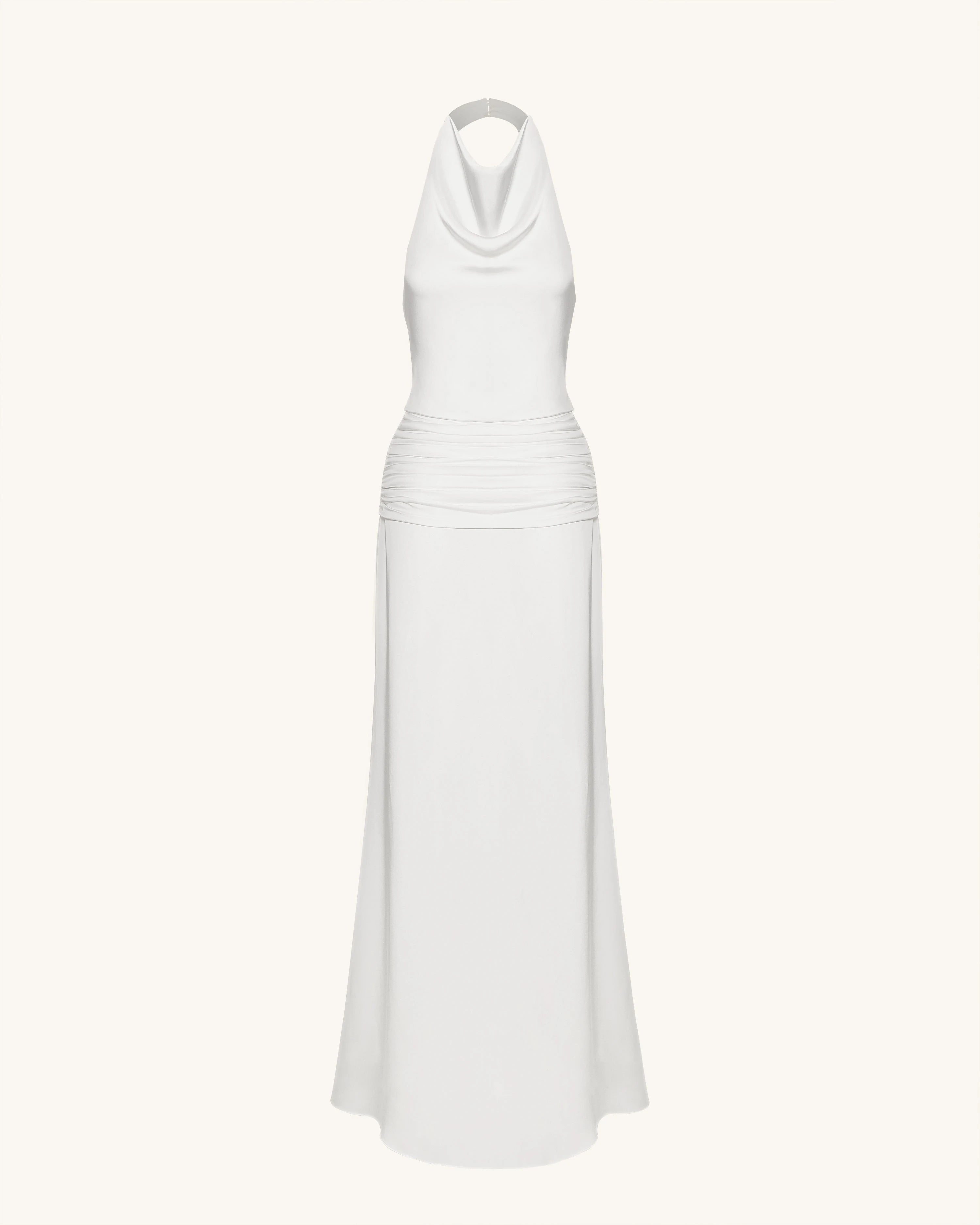 Elegant Sheath Cowl Neck Sleeveless Backless Ruched White Floor-Length Prom Dresses Women's Gown