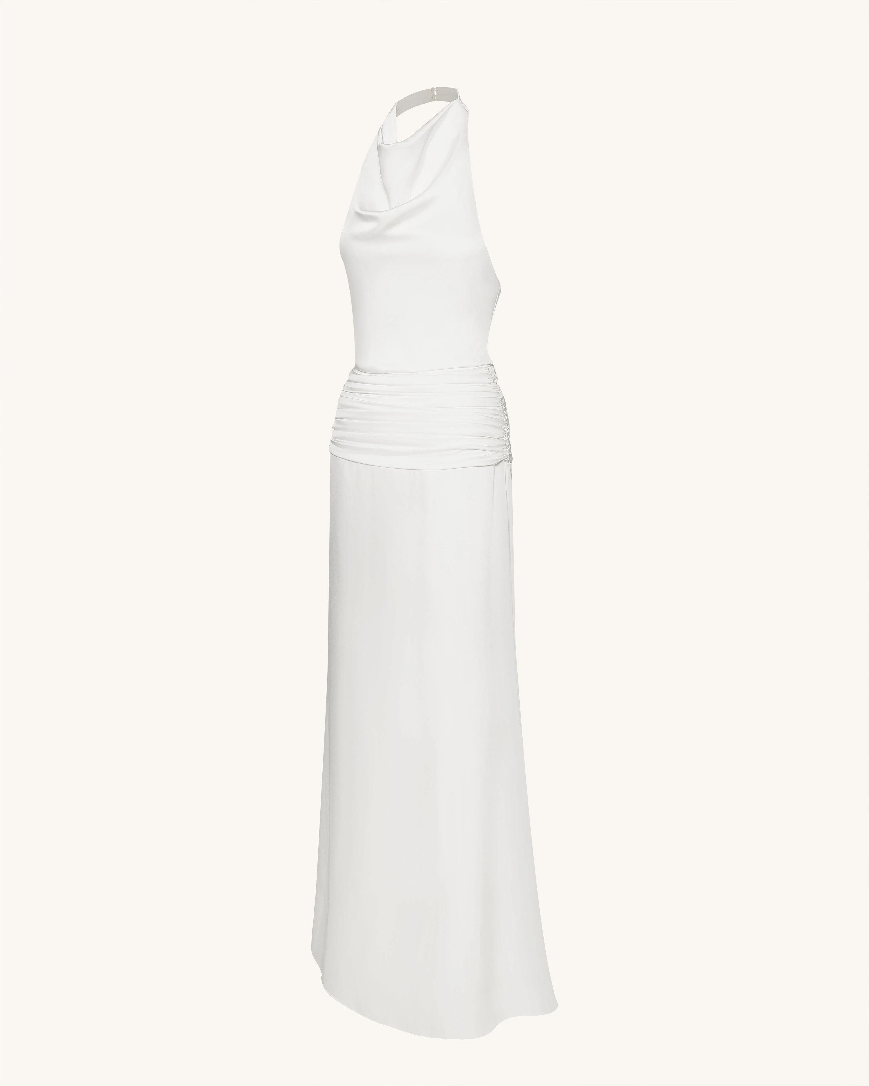 Elegant Sheath Cowl Neck Sleeveless Backless Ruched White Floor-Length Prom Dresses Women's Gown