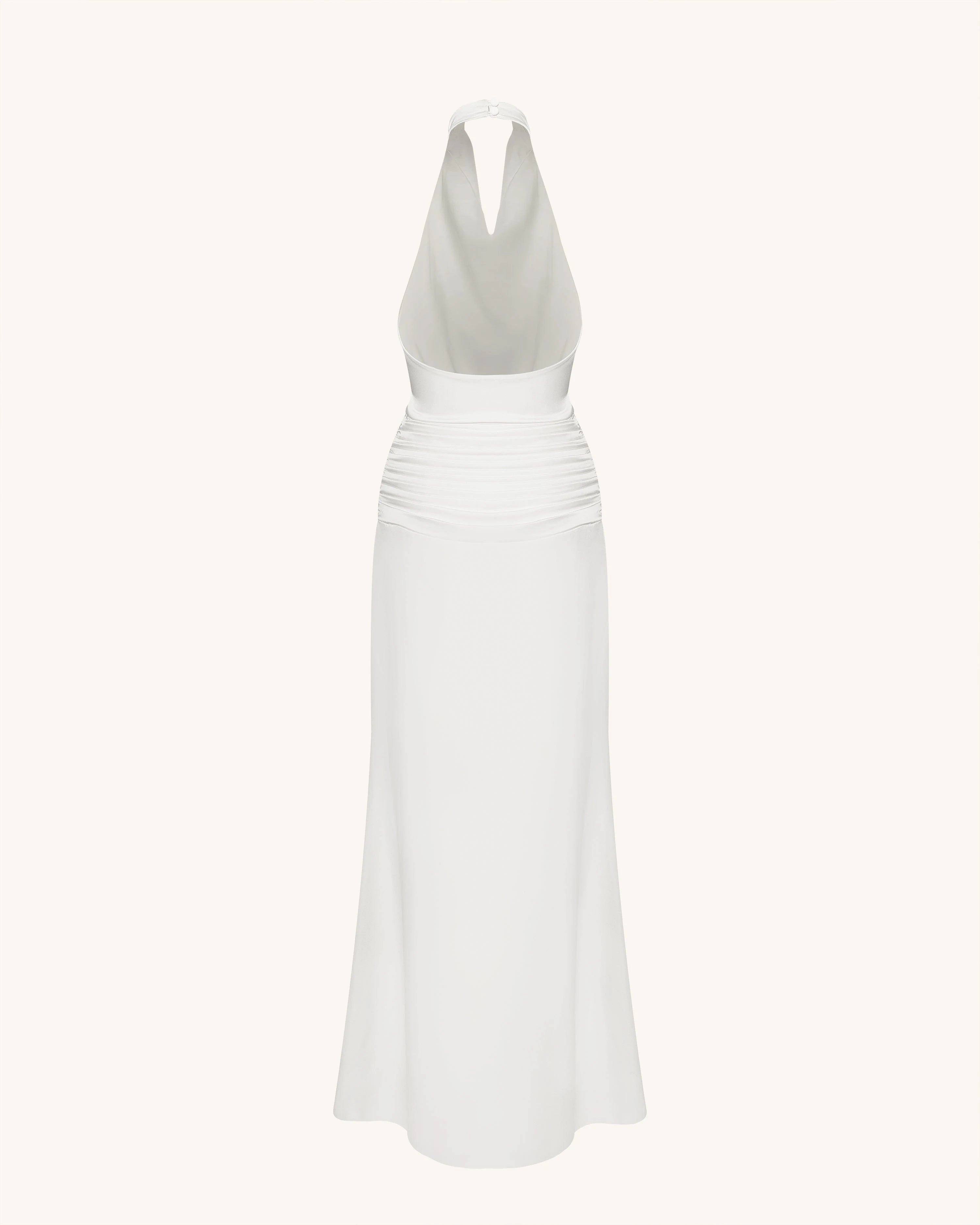 Elegant Sheath Cowl Neck Sleeveless Backless Ruched White Floor-Length Prom Dresses Women's Gown