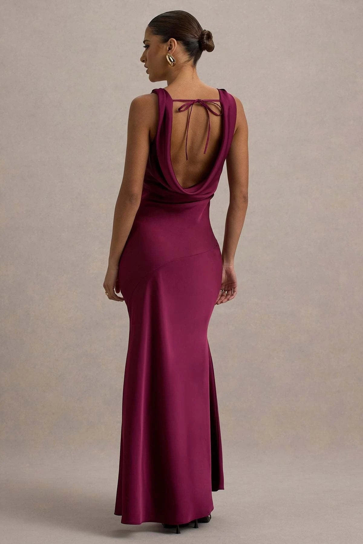 Elegant Sheath Cowl Neck Sleeveless Draped Backless Burgundy Maxi Prom Gown