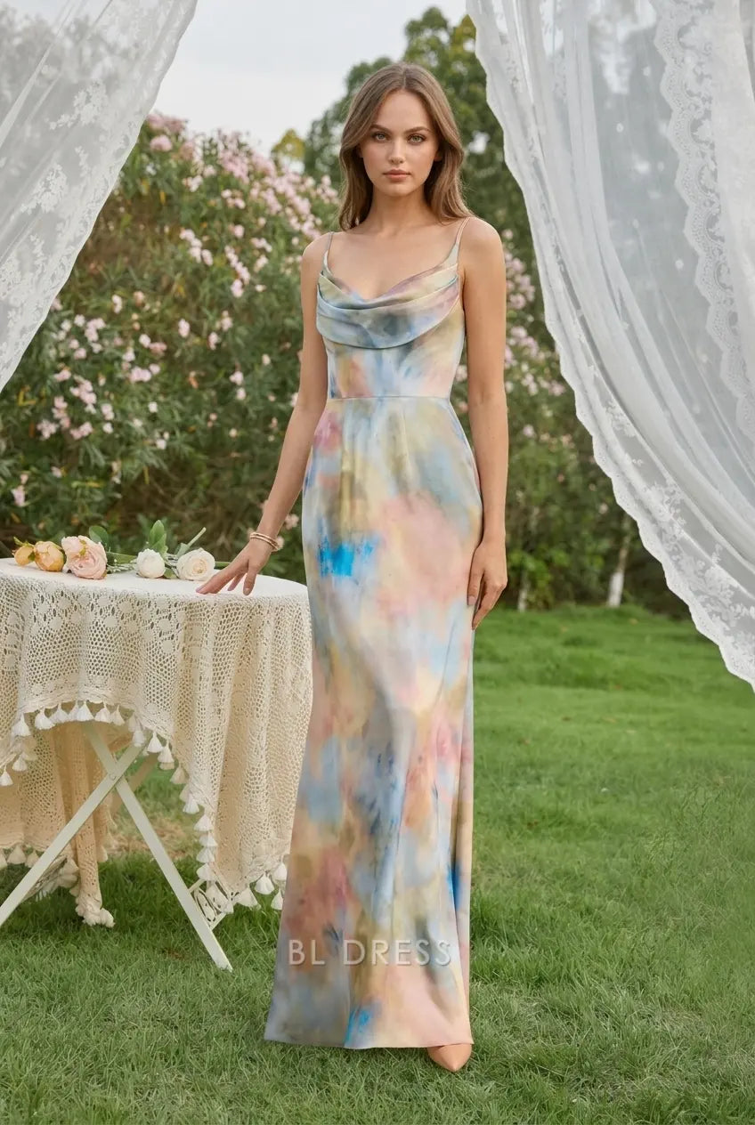 Elegant Sheath Cowl Neck Sleeveless Draped Pastel Tie-Dye Floor-Length Prom Gown
