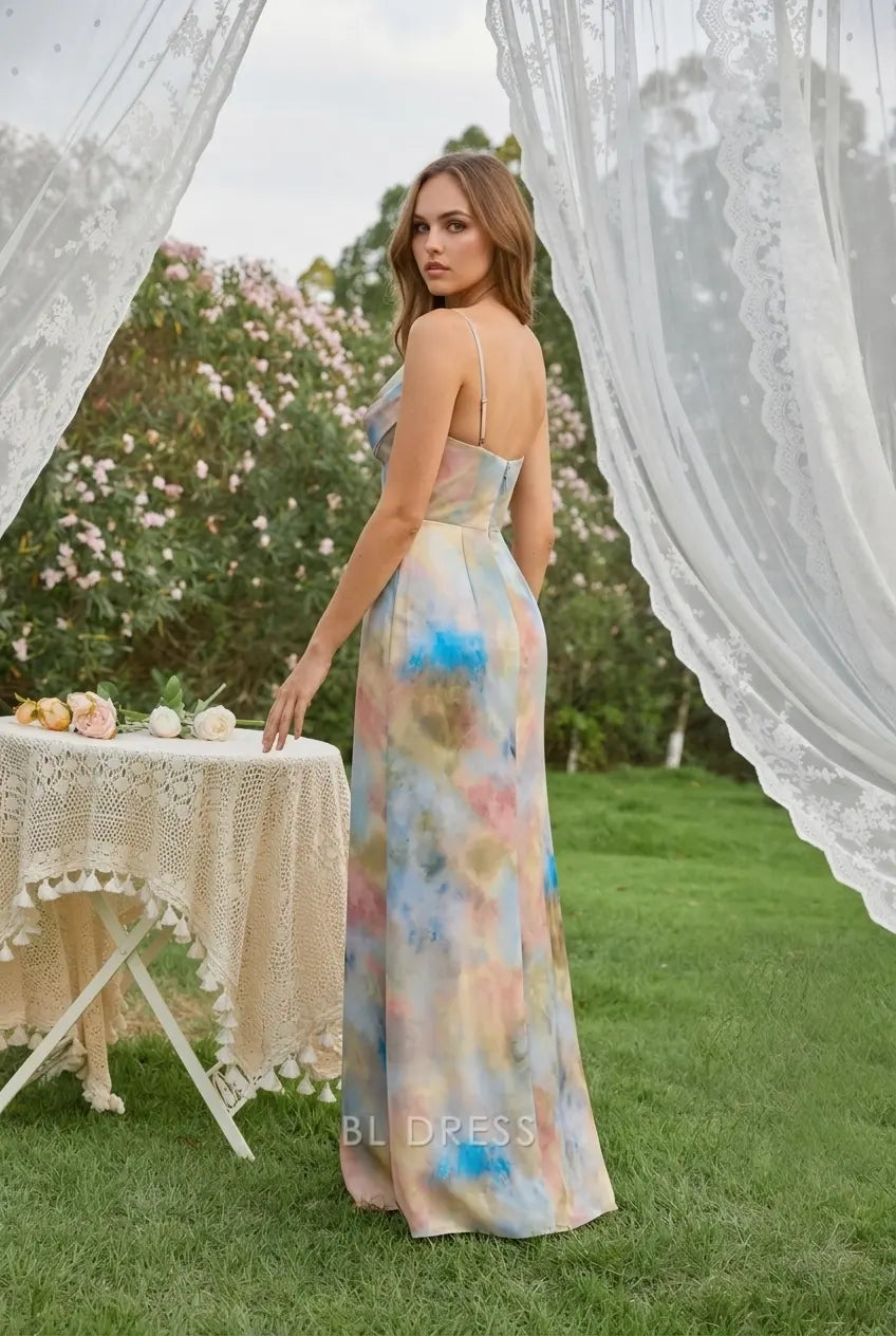 Elegant Sheath Cowl Neck Sleeveless Draped Pastel Tie-Dye Floor-Length Prom Gown