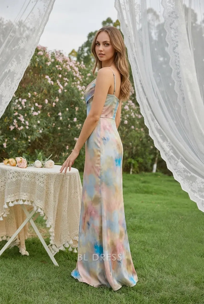 Elegant Sheath Cowl Neck Sleeveless Draped Pastel Tie-Dye Floor-Length Prom Gown