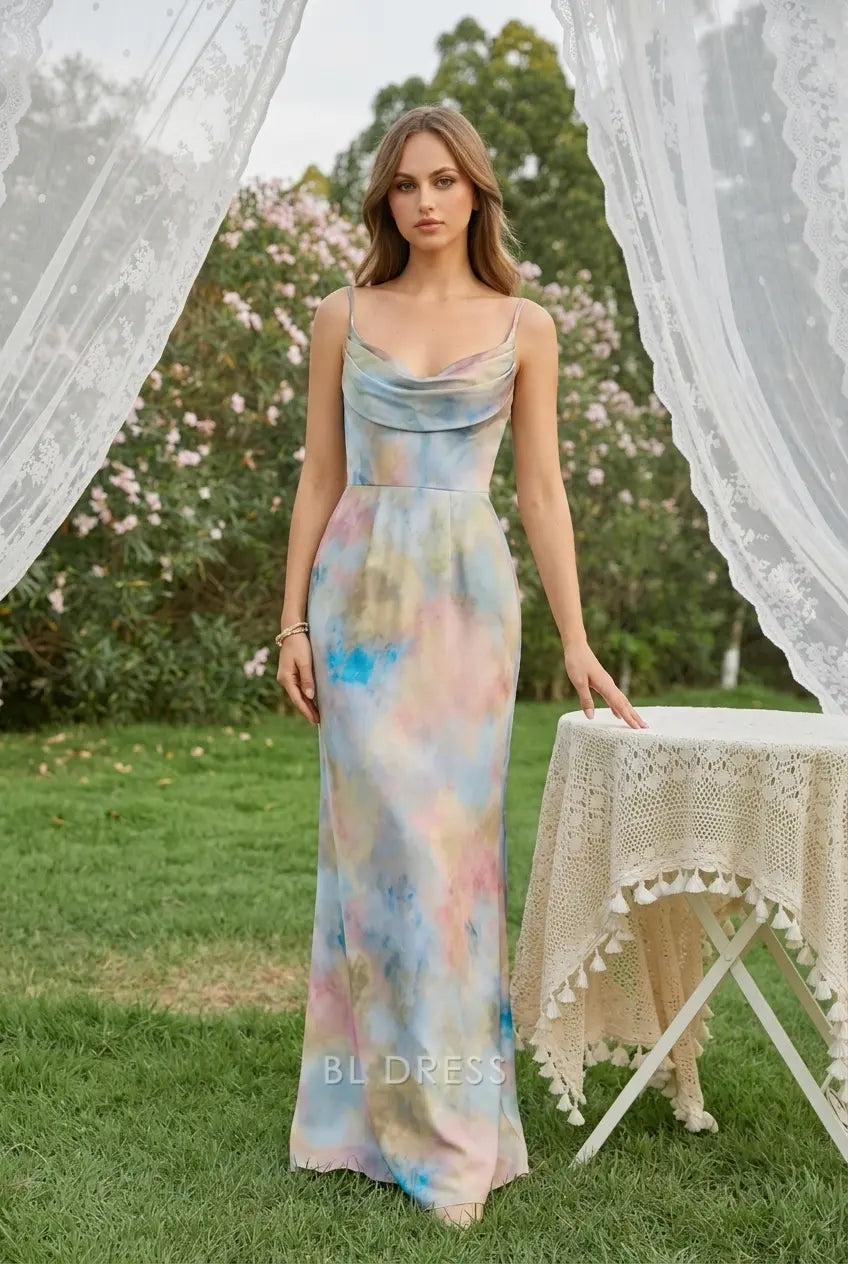 Elegant Sheath Cowl Neck Sleeveless Draped Pastel Tie-Dye Floor-Length Prom Gown