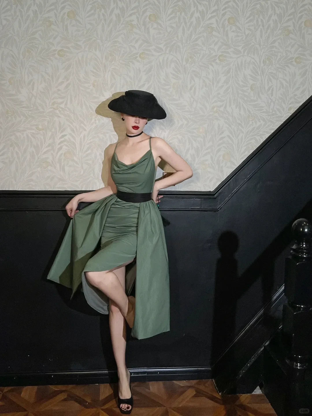 Elegant Sheath Cowl Neck Sleeveless Draped Ruched Olive Green Midi Homecoming Women's Dress