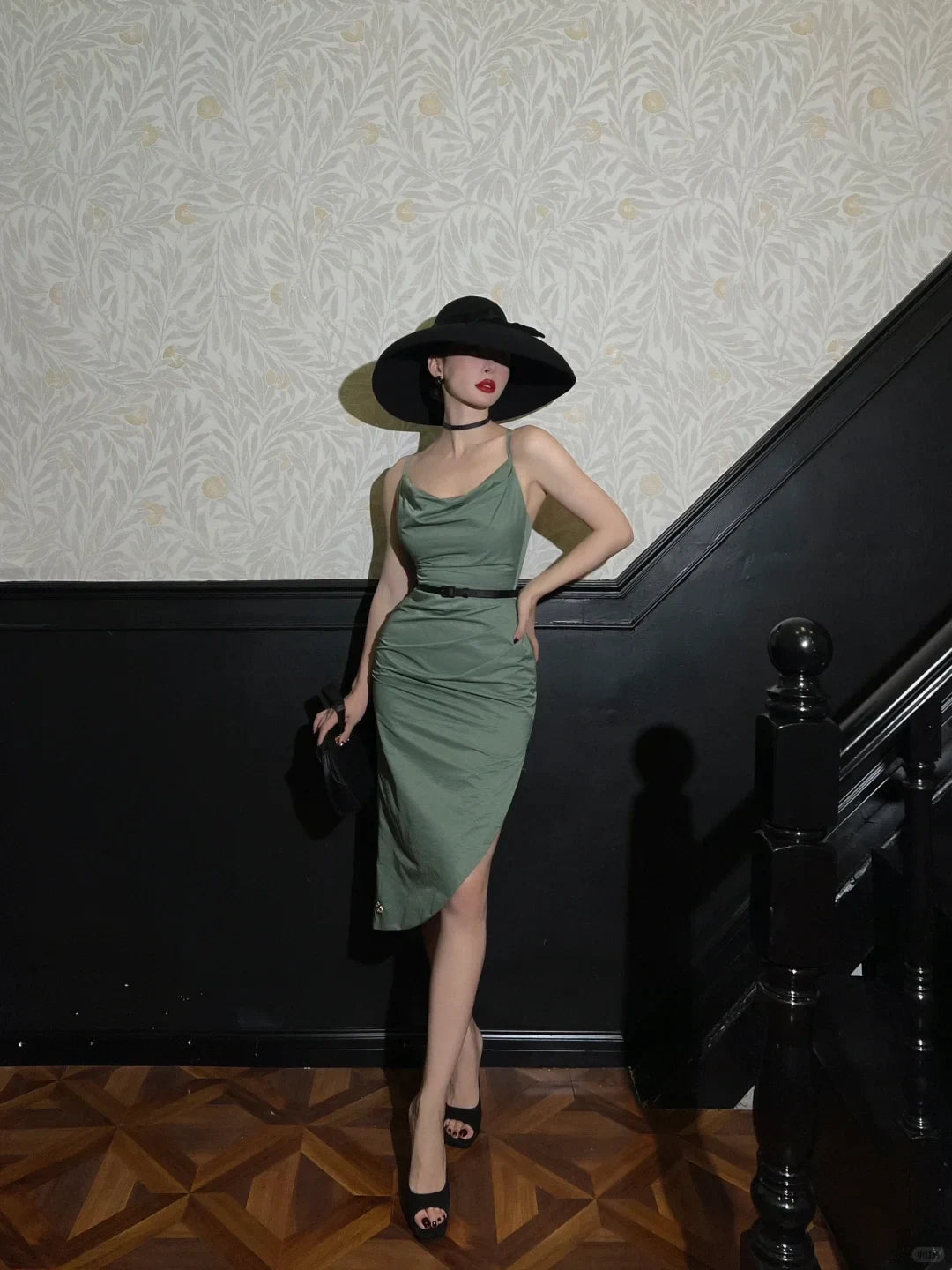 Elegant Sheath Cowl Neck Sleeveless Draped Ruched Olive Green Midi Homecoming Women's Dress