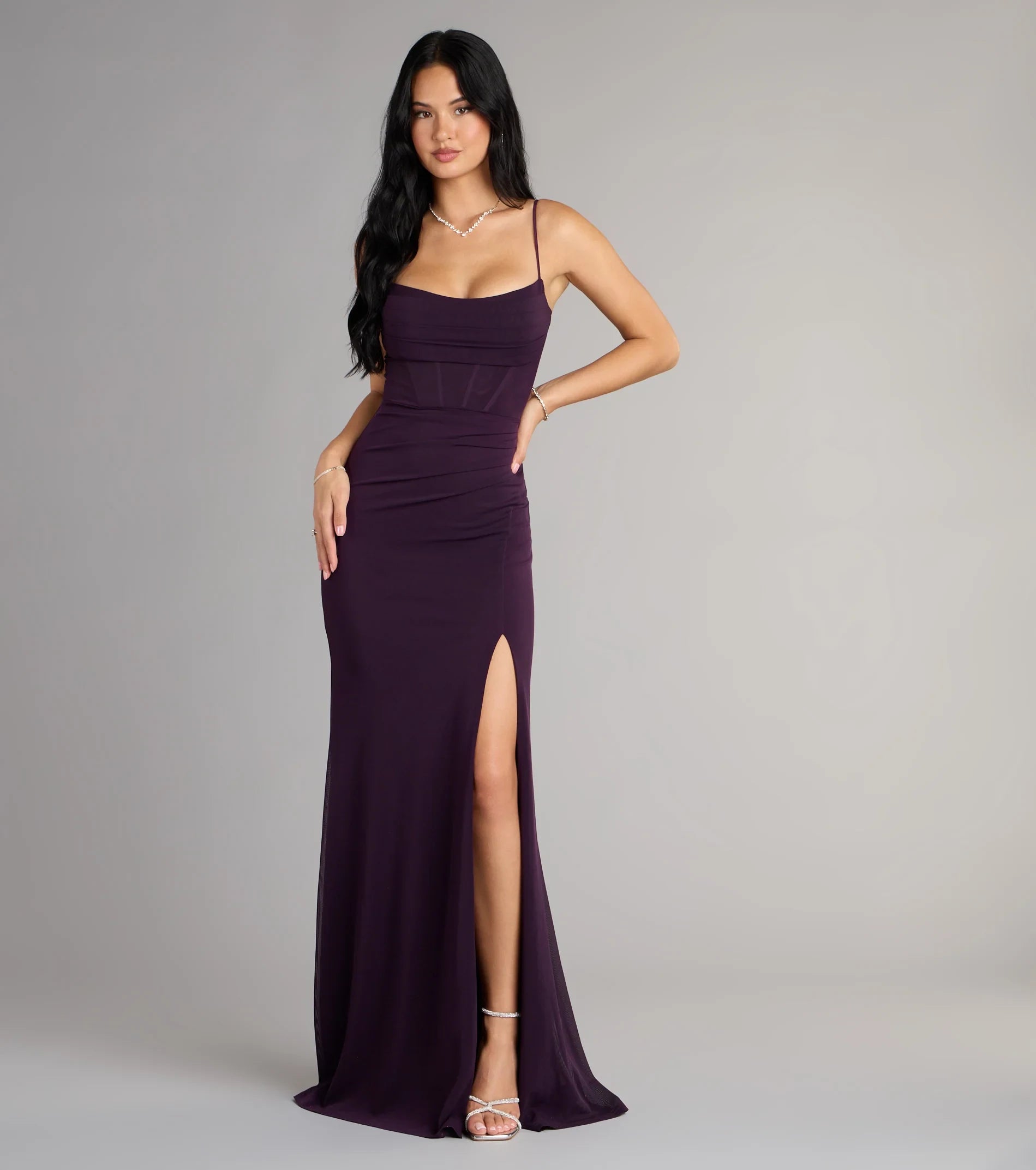 Elegant Sheath Cowl Neck Sleeveless Ruched High Slit Plum Floor-Length Prom Gown