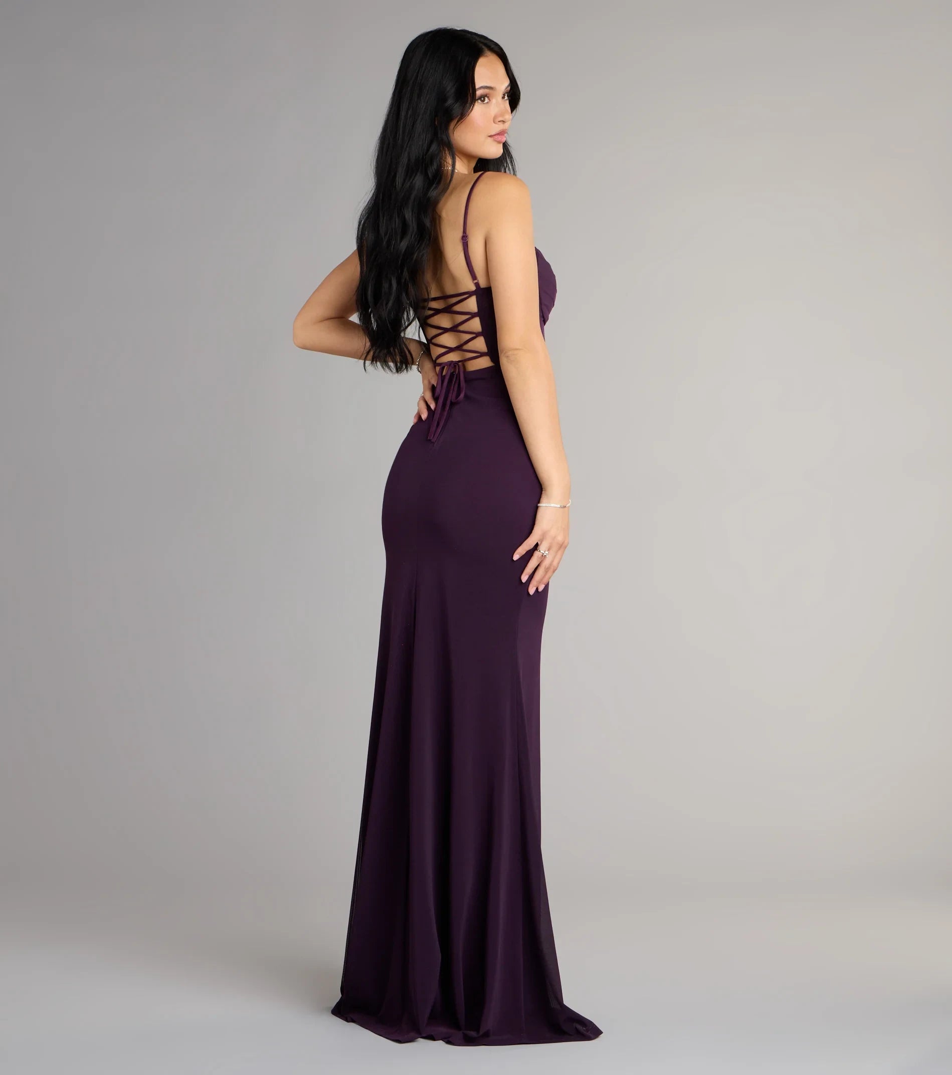 Elegant Sheath Cowl Neck Sleeveless Ruched High Slit Plum Floor-Length Prom Gown