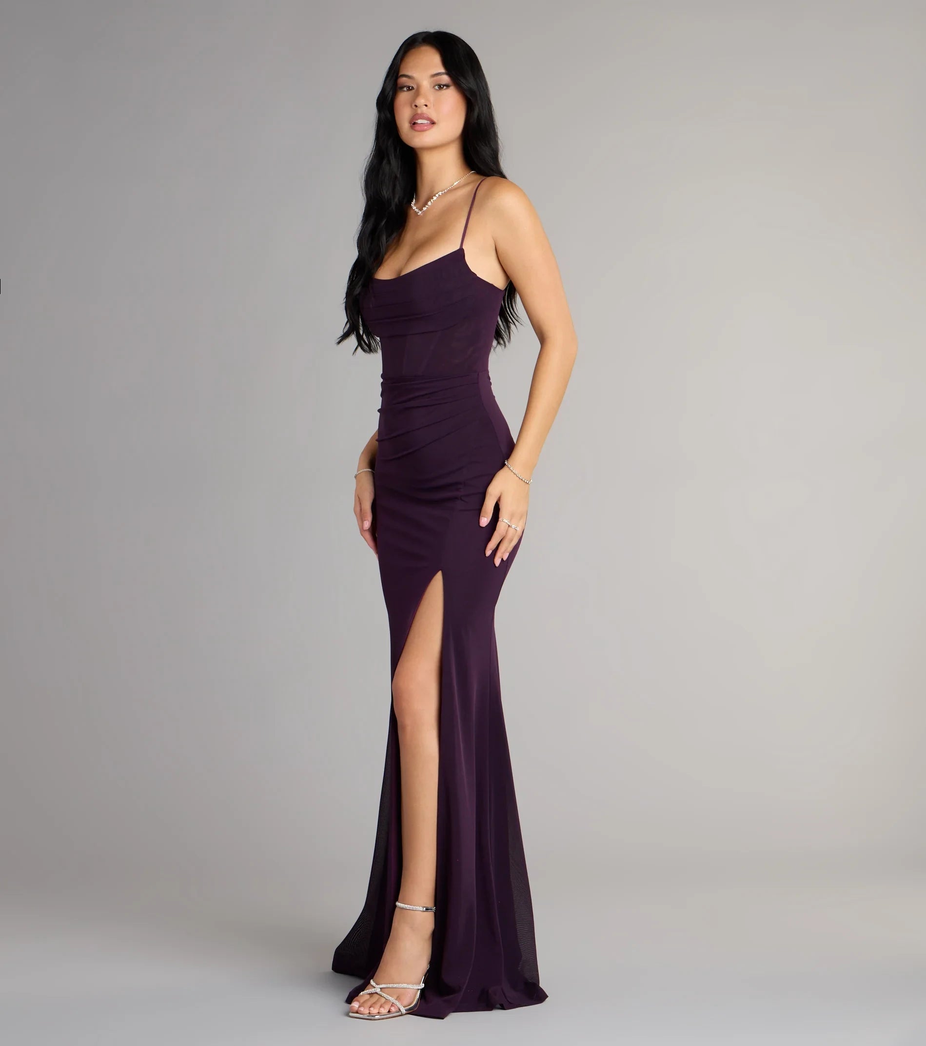 Elegant Sheath Cowl Neck Sleeveless Ruched High Slit Plum Floor-Length Prom Gown