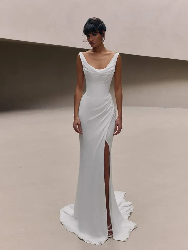 Elegant Sheath Cowl Neck Sleeveless Ruched White Floor-Length Wedding Gown
